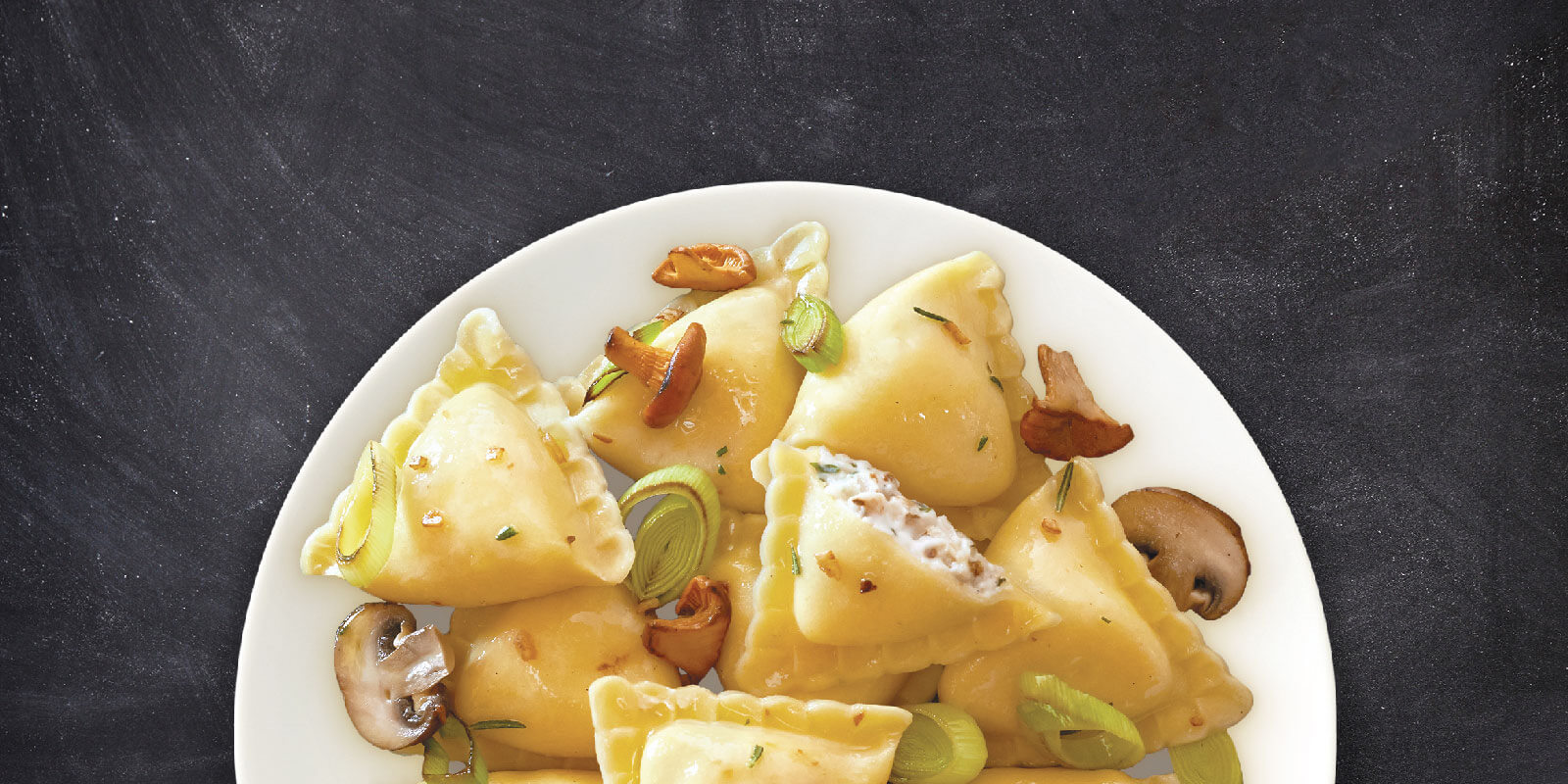 Grilled Chicken & Mozzarella Ravioli with Mushrooms and Leeks